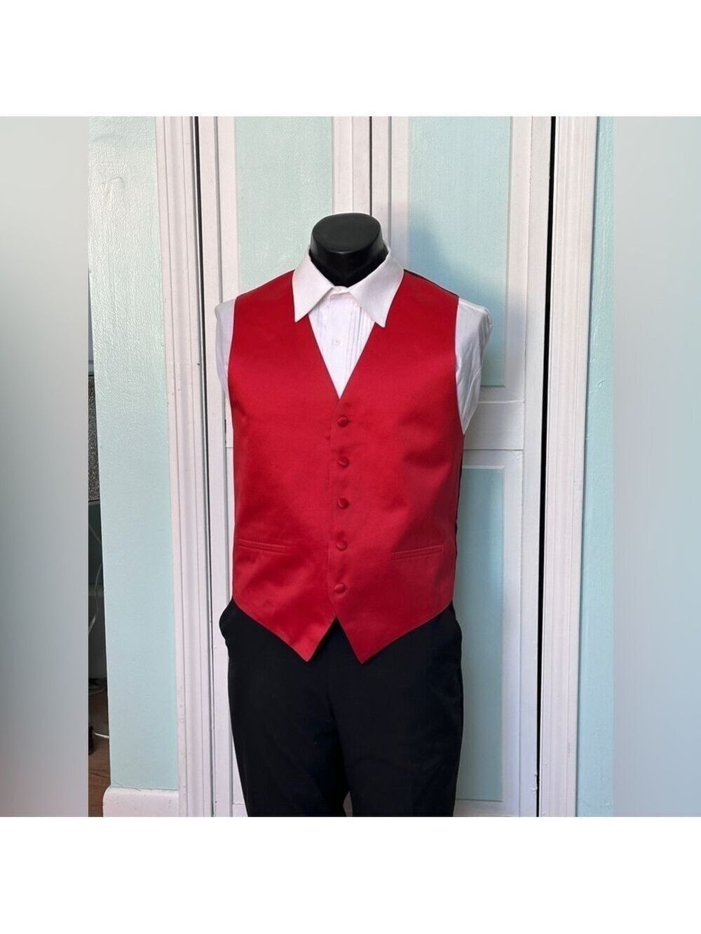 Scarlet Apple Bright Red Satin Closed Back Vest Wedding Prom Men’s S Small